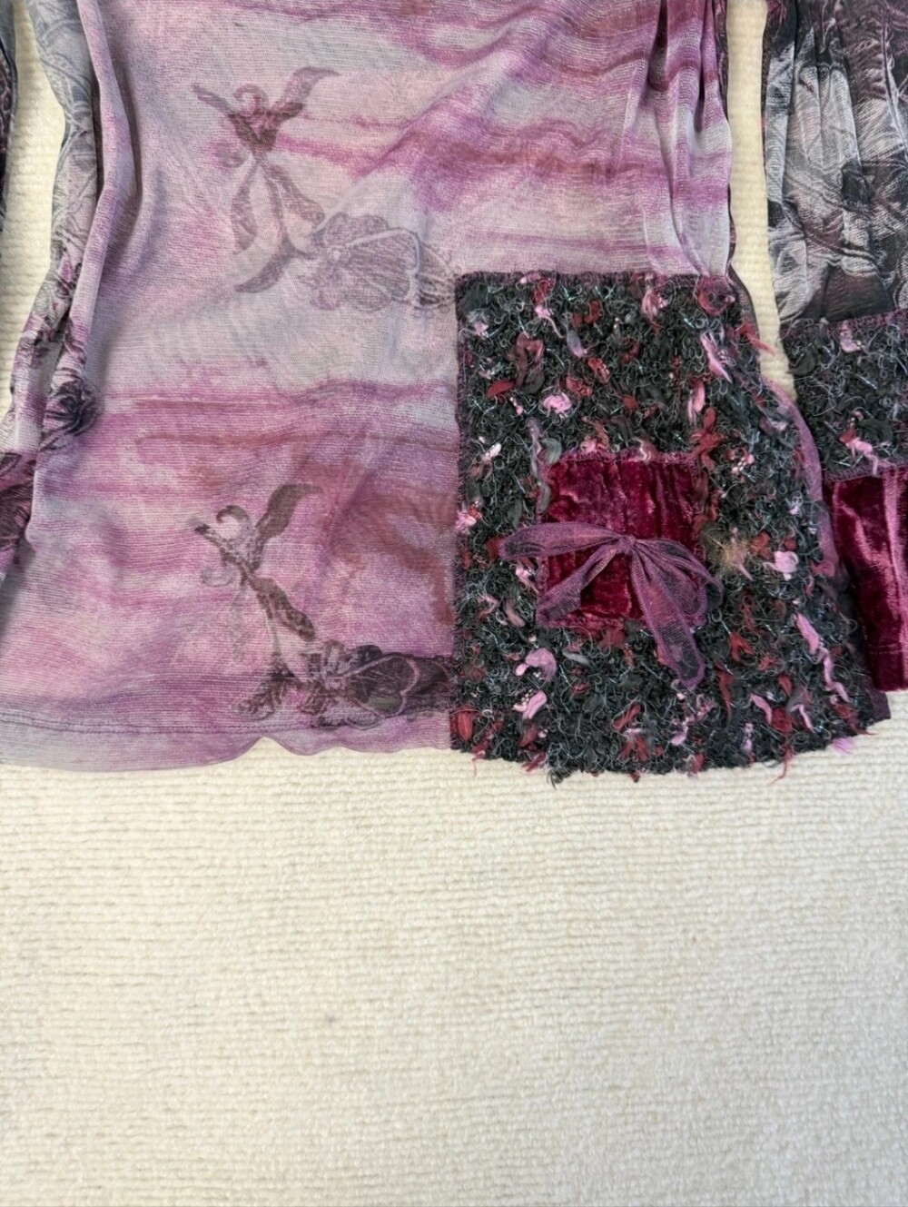 Y2K Gothic Purple Long Sleeve Sheer Floral Mesh  Patchwork Top Size M/ US 8-10 - Picture 9 of 17